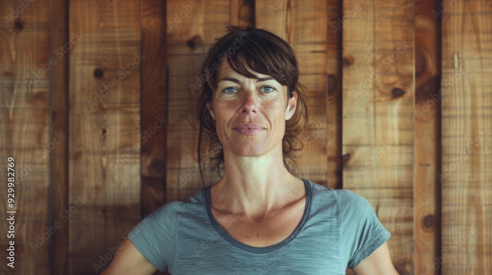 A woman standing against a wooden wall sports a serene smile, with her casual attire and calm presence blending harmoniously with the rustic wooden backdrop. A woman standing against a wooden wall sports a serene smile, with her casual attire and calm presence blending harmoniously with the rustic wooden backdrop.