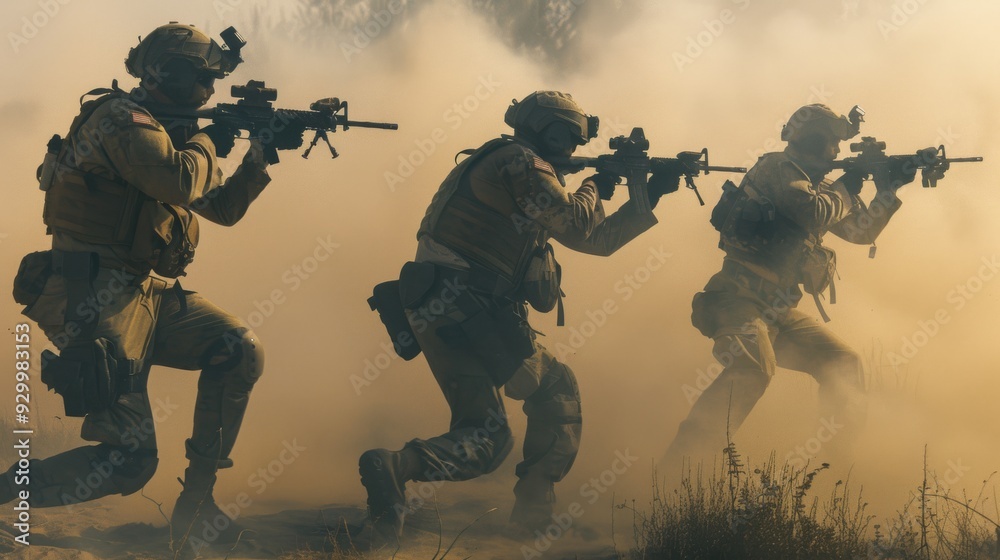 Three shrouded figures, each grasping a sword, step cautiously through dense fog, creating an atmosphere of suspense and dark mystery in an eerie landscape. Three shrouded figures, each grasping a sword, step cautiously through dense fog, creating an atmosphere of suspense and dark mystery in an eerie landscape.