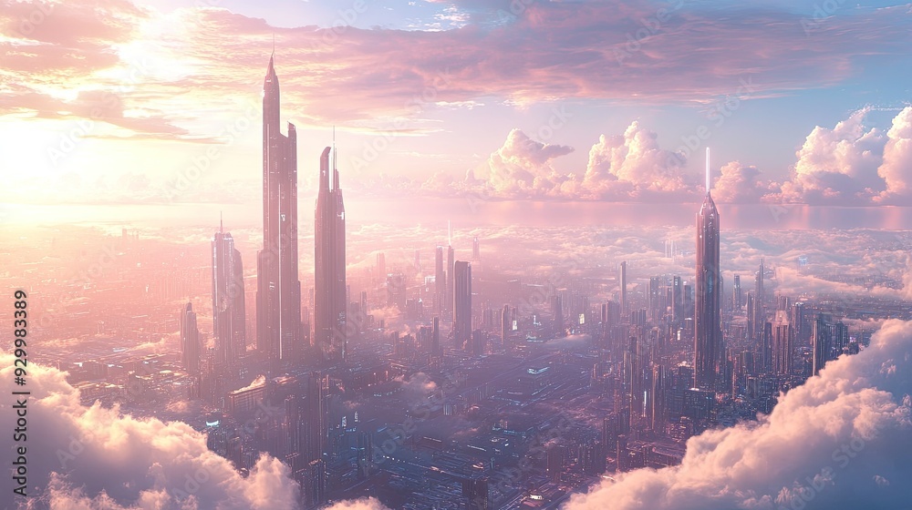 A breathtaking view of a futuristic city, with sleek skyscrapers rising through fluffy clouds under a serene pastel sky. A breathtaking view of a futuristic city, with sleek skyscrapers rising through fluffy clouds under a serene pastel sky.