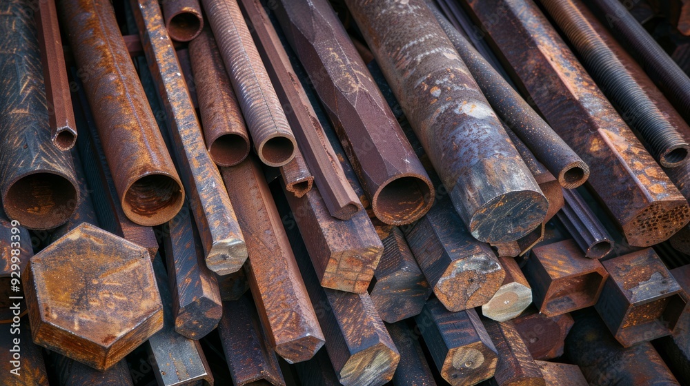 A stack of variously shaped and sized rusty metal bars and pipes, showing the rugged and aged texture of materials in an industrial setting. A stack of variously shaped and sized rusty metal bars and pipes, showing the rugged and aged texture of materials in an industrial setting.