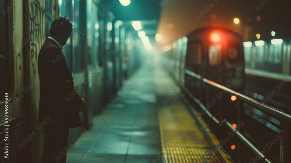 A man standing alone on a dimly lit subway platform as a train's headlights appear in the distance, creating a scene of anticipation and solitude.