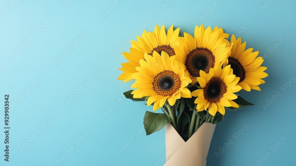 Obraz premium A bunch of sunflowers in vibrant yellow, their detailed petals shining, set against a pale blue background and wrapped in elegant craft paper.