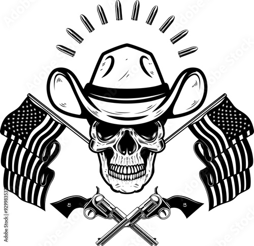 Cowboy skull with american flag. Design element for poster, t shirt, emblem. Vector illustration