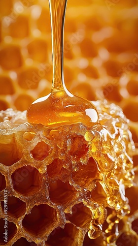 Honey drizzling from honey comb . Closeup macro shot. Generative Ai photo