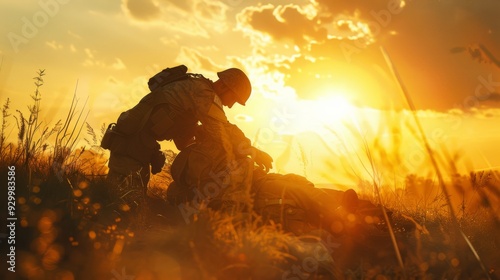 Two soldiers silhouetted against a golden sunset, one seemingly helping the other, creating a poignant scene of camaraderie and hope amidst hardship.