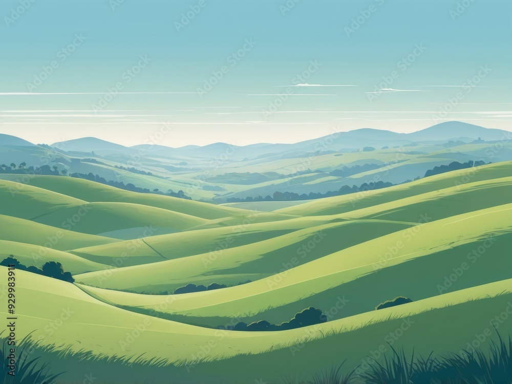 Expansive view of verdant rolling hills under a clear blue sky Expansive view of verdant rolling hills under a clear blue sky