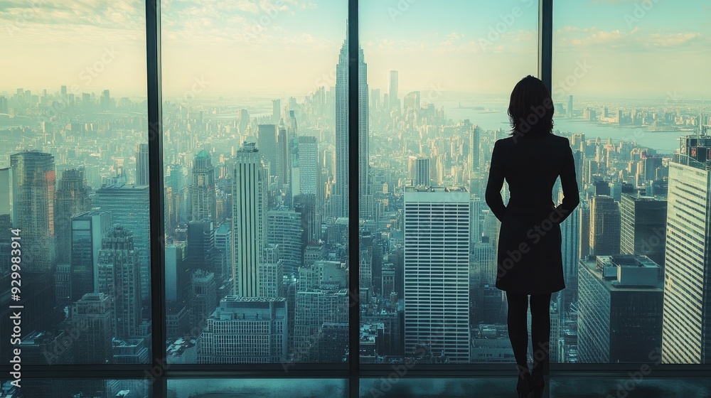 A businesswoman standing by a large window, overlooking a vast city from above, with skyscrapers and streets far below. A businesswoman standing by a large window, overlooking a vast city from above, with skyscrapers and streets far below.