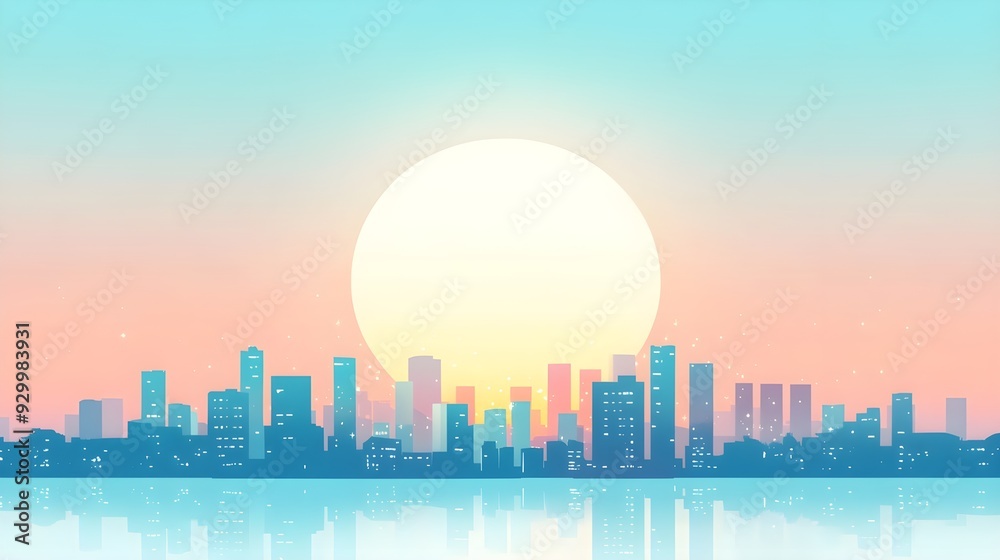 Obraz premium Cityscape Sunset Reflection, Minimalist Urban Design