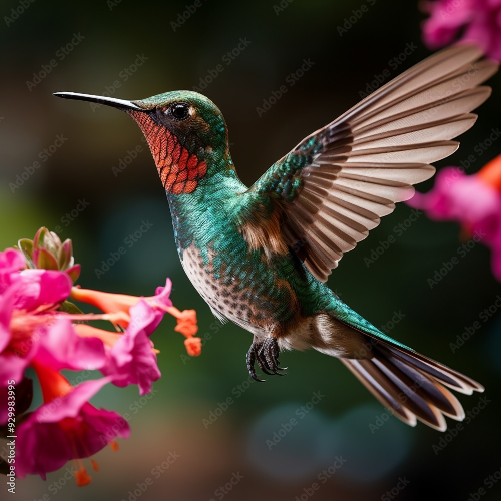 Fototapeta premium Beautiful hummingbirds captured in flight, showcasing their vibrant colors