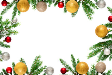 Christmas tree branches with red, gold and silver balls in PNG isolated on transparent background, frame	