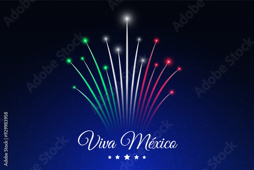 Banner september 16 mexico independence day, mexican fireworks on dark sky background. Fireworks, flag. National holiday september 16th. Independence day card. Vector. Translation Long live Mexico