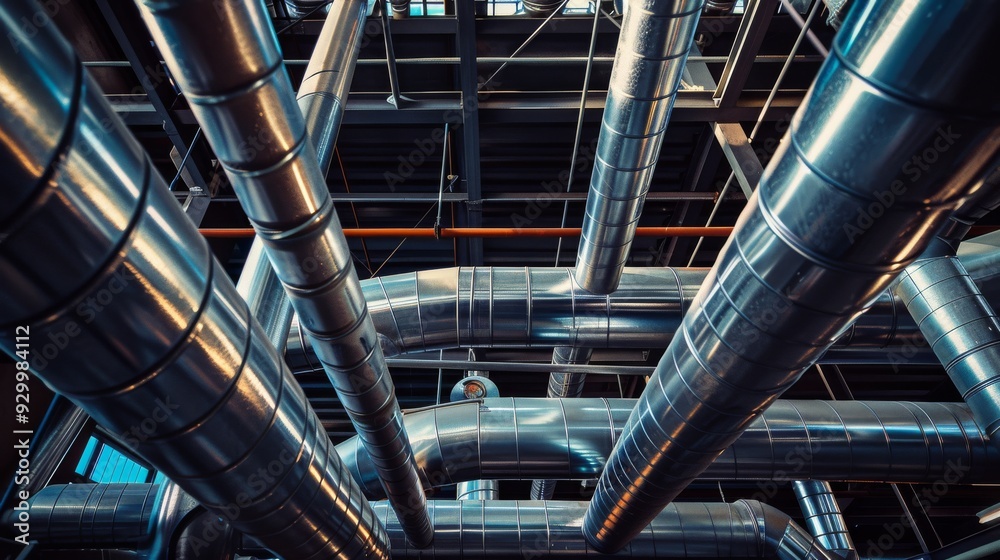 A complex network of gleaming metallic pipes running through an industrial facility or factory, showcasing intricate engineering.