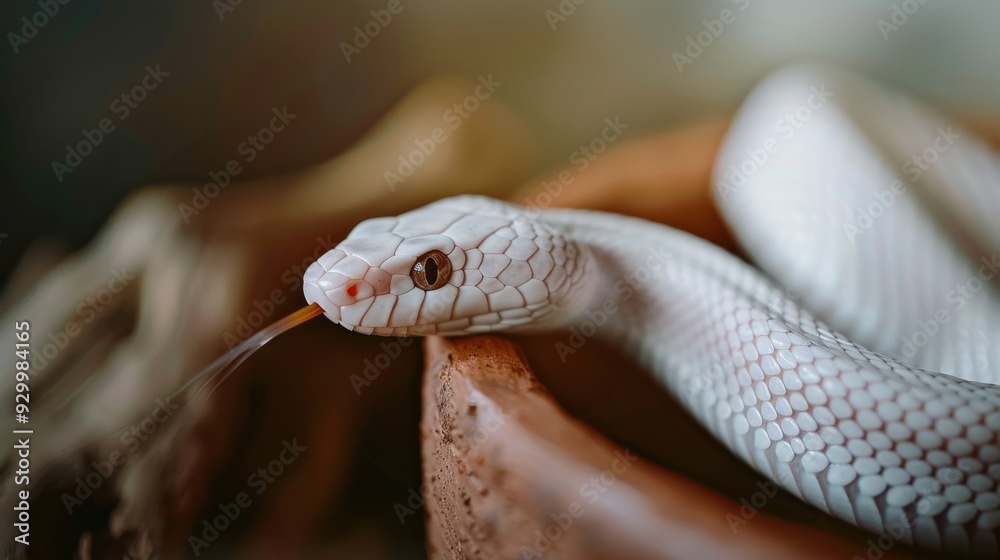 Fototapeta premium A close-up of a white snake coiled elegantly inside a rustic clay pot, with its scales catching the light, portraying a timeless and natural elegance.