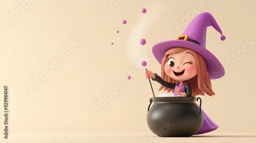 A 3D cute witch stirring a potion in a cauldron on a pastel cream background with a bubbly