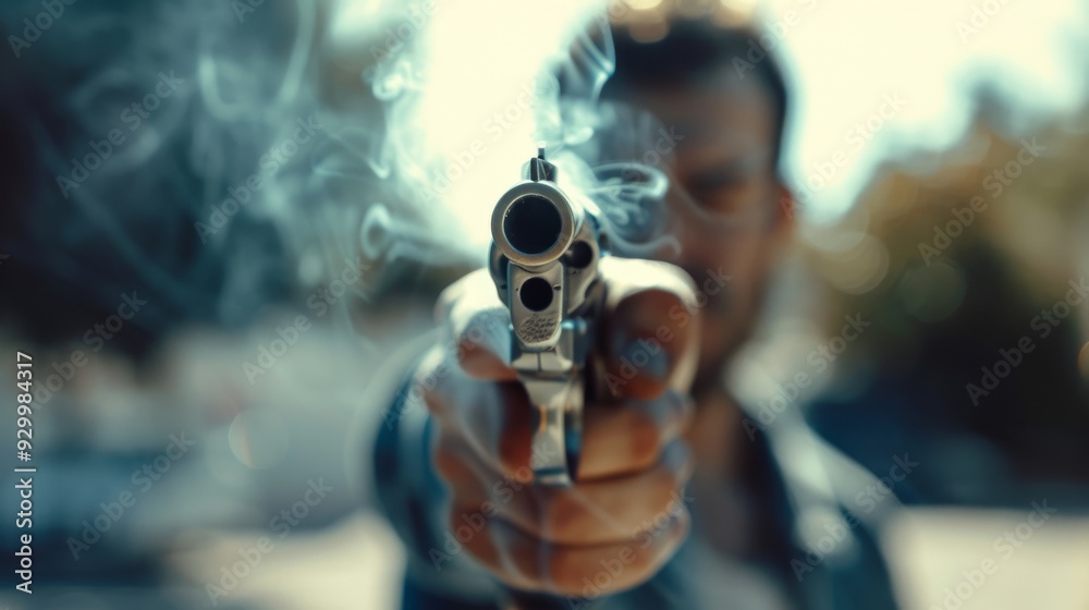 A smoking revolver being pointed directly at the camera, with a blurred background and a sense of tension. A smoking revolver being pointed directly at the camera, with a blurred background and a sense of tension.
