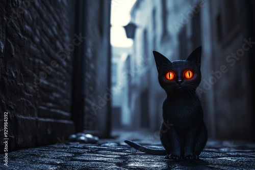 A 3D black cat with glowing eyes on a spooky alley background