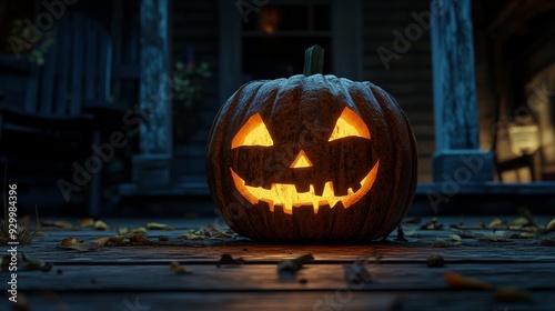 A 3D jack-o-lantern with a spooky grin on a shadowy porch background
