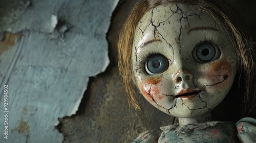 A 3D creepy doll with cracked face on an old attic background