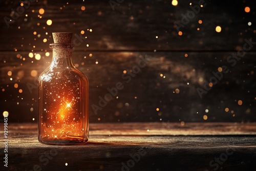 A 3D witchs potion bottle on a wooden shelf background