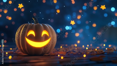 A 3D cute pumpkin with a happy face on a starry night background