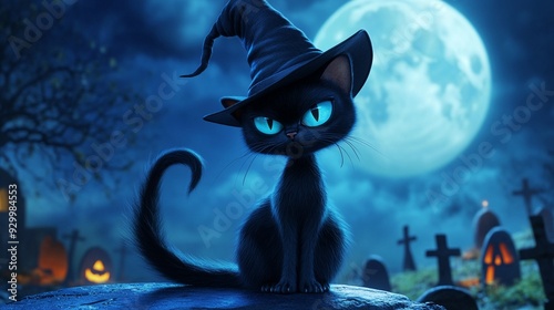 A 3D cartoon black cat with a witchs hat on a moonlit cemetery background