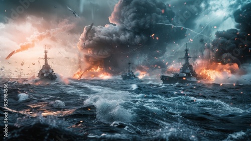 Three modern battleships amidst smoke and fire, engaged in a furious naval battle as the sky fills with explosive force and the sea roars in turmoil.