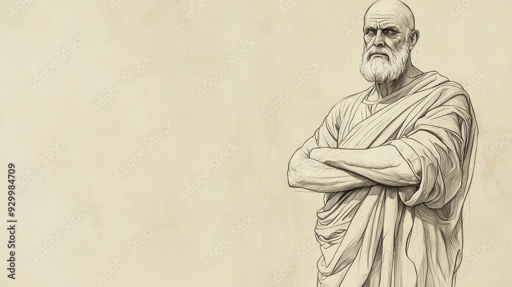 Fototapeta premium Biblical Illustration of Eliphaz Speaking with Authority - Eliphaz Standing with Arms Crossed, Questioning Job’s Righteousness, Beige Background