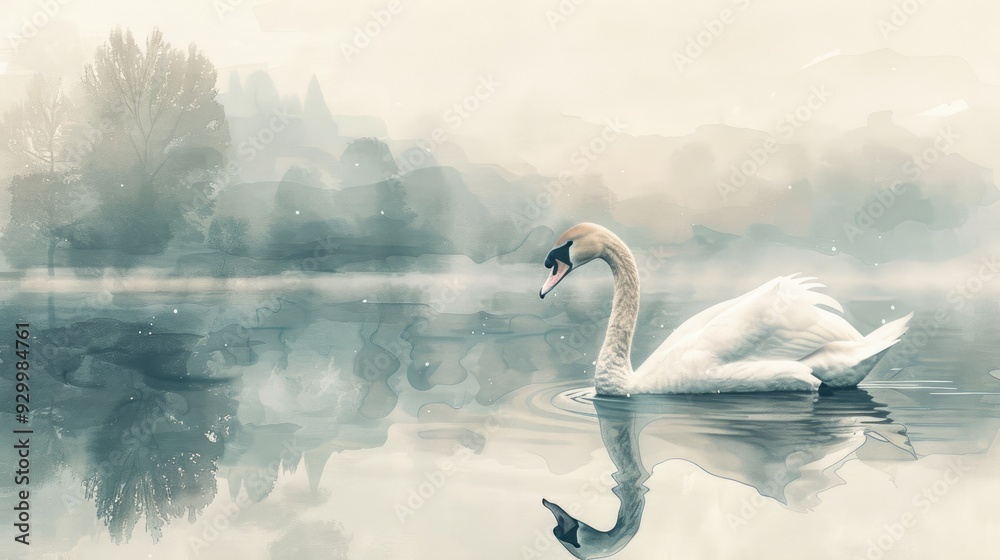 Obraz premium A watercolor painting of a swan swimming in a misty lake.