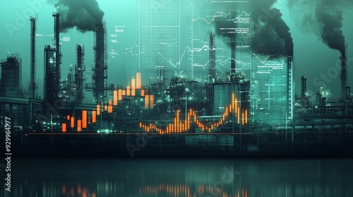 An economic decline chart over an industrial factory background