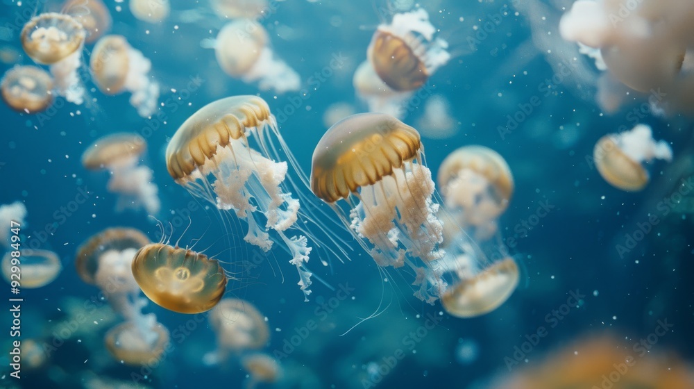 A mesmerizing shot of multiple orange jellyfish drifting in the blue depths of the ocean, showcasing their ethereal beauty and fluid movement. A mesmerizing shot of multiple orange jellyfish drifting in the blue depths of the ocean, showcasing their ethereal beauty and fluid movement.
