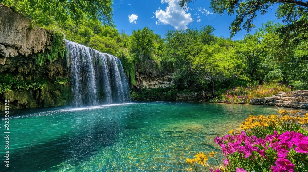 Naklejka premium A serene waterfall cascading into a clear pool surrounded by vibrant flowers and lush greenery.