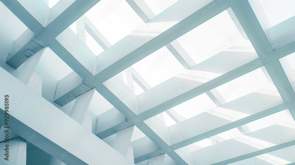 An intricate network of white beams and skylights creates a geometric pattern, capturing light and space in modern architectural form.