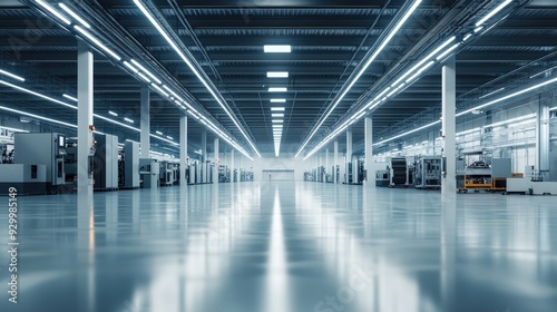 A clean, empty factory floor with industrial equipment neatly organized, under bright, even lighting.