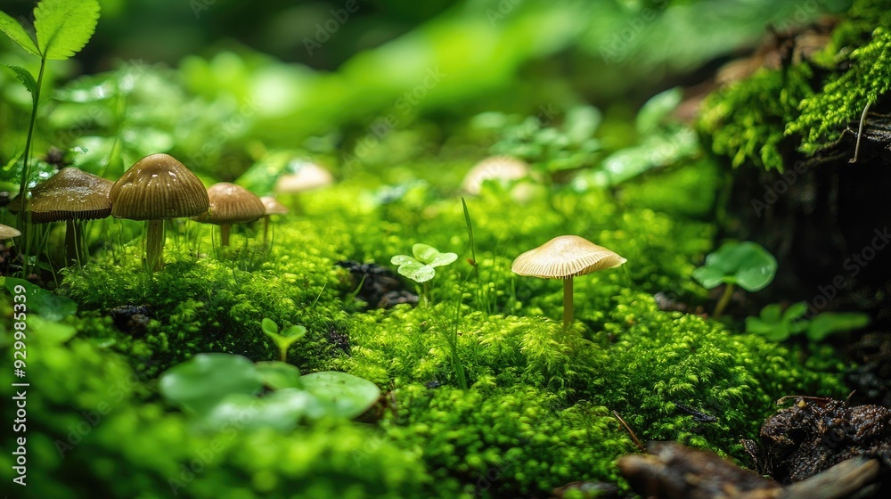A close-up of vibrant green moss, small mushrooms, and rich soil on a forest floor, emphasizing the intricate details of nature. A close-up of vibrant green moss, small mushrooms, and rich soil on a forest floor, emphasizing the intricate details of nature.