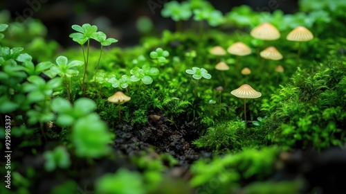 A close-up of vibrant green moss, small mushrooms, and rich soil on a forest floor, emphasizing the intricate details of nature.