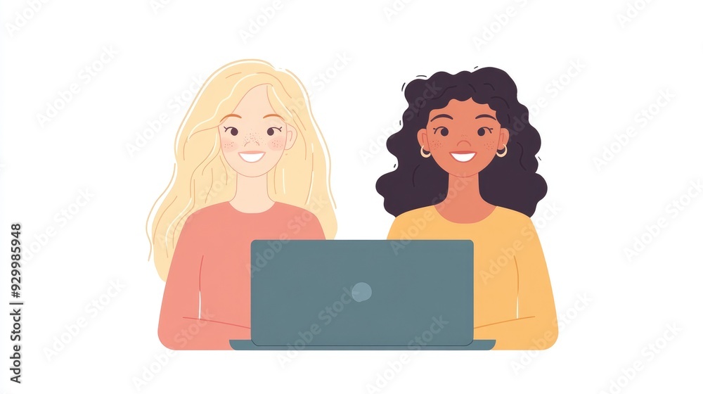 Two joyful cartoon ladies one with blonde hair and the other with brunette hair sitting side by side in front of a laptop Two joyful cartoon ladies one with blonde hair and the other with brunette hair sitting side by side in front of a laptop