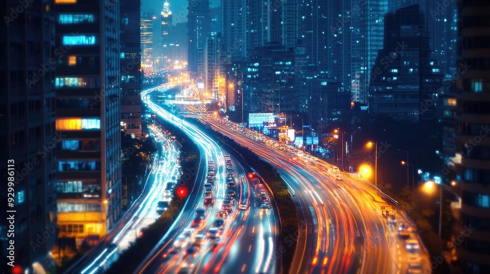 A dense urban landscape at night, with bright city lights twinkling like stars, and cars flowing through the streets, creating a dream-like scene. A dense urban landscape at night, with bright city lights twinkling like stars, and cars flowing through the streets, creating a dream-like scene.