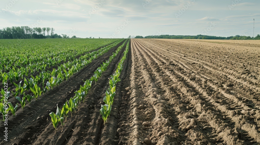 A vast agricultural field with rows of young green plants on one side and freshly plowed soil on the other, illustrating growth and cultivation. A vast agricultural field with rows of young green plants on one side and freshly plowed soil on the other, illustrating growth and cultivation.