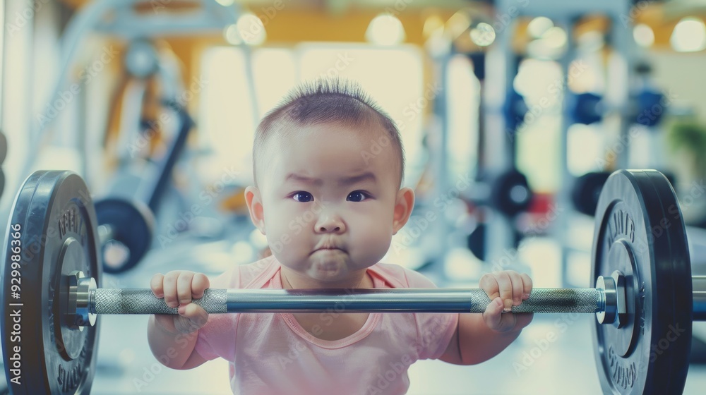 An adorable baby determinedly lifting a barbell in a gym, showcasing both cuteness and strength. An adorable baby determinedly lifting a barbell in a gym, showcasing both cuteness and strength.