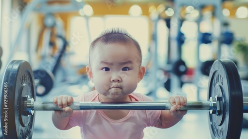 An adorable baby determinedly lifting a barbell in a gym, showcasing both cuteness and strength.