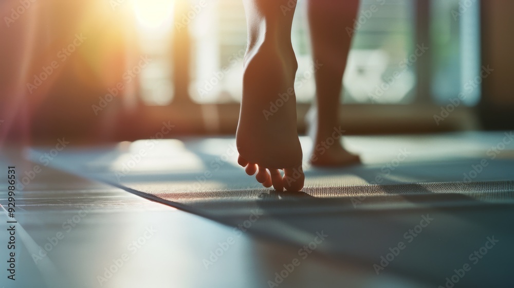 Close-up of feet walking on a mat, illuminated by the gentle, warm morning sunlight, suggesting calmness, meditation, and the start of a tranquil day. Close-up of feet walking on a mat, illuminated by the gentle, warm morning sunlight, suggesting calmness, meditation, and the start of a tranquil day.