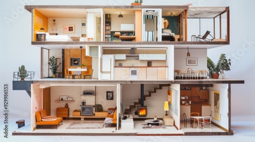 A meticulously detailed miniature house with furnished rooms, showcasing interior design on a small scale.