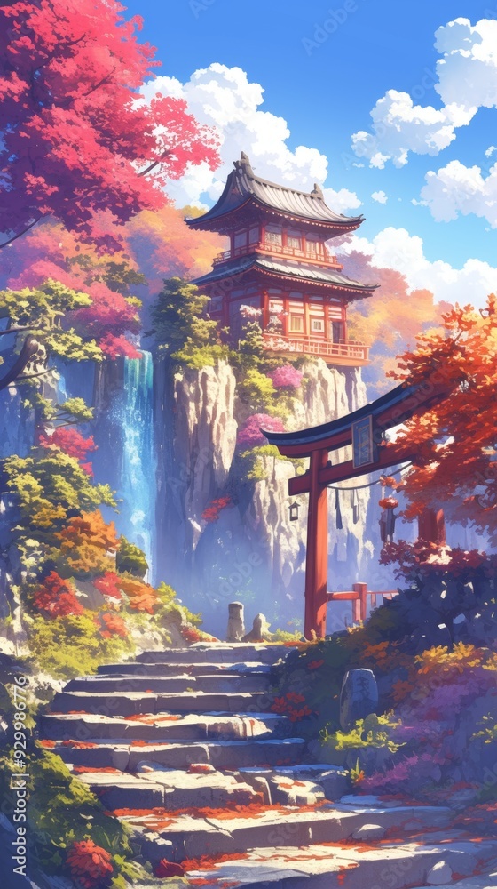 Obraz premium Enchanting Japanese Fantasy Adventure: Vibrant Anime-Style Digital Art Showcasing Ancient Architecture and Cultural Wonders. Perfect for Game Design, Tourism Marketing, UI Elements, and 4K Wallpapers.