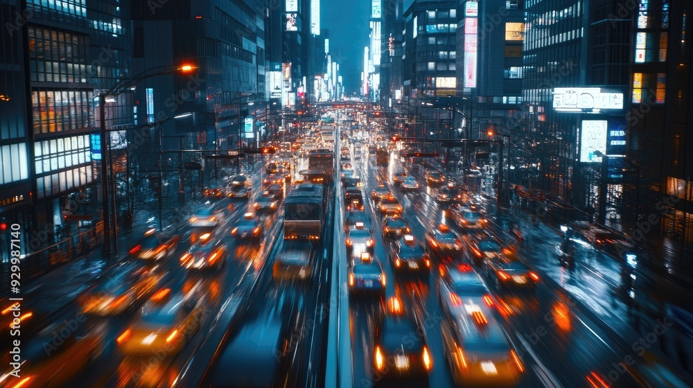 Fototapeta premium A dreamy night city view, with a crowded skyline, bright lights, and cars weaving through the streets like threads of light.