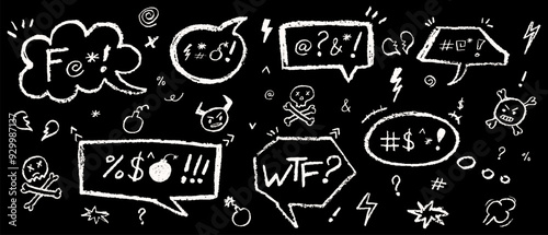 Set of speech bubbles drawn by crayon pencil and swear symbols. Collection of hand drawn chalk line elements. White color text box quote or dialog for negative expression comment. Vector illustration