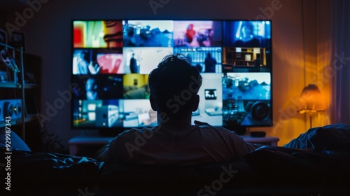 A person relaxes on a couch, watching multiple screens on a large TV, emitting a blend of blue and colorful lights in a cozy, dim-lit room.