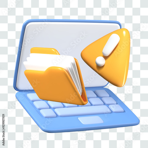 Open laptop, file folder, triangular attention sign. Caution, restricted access