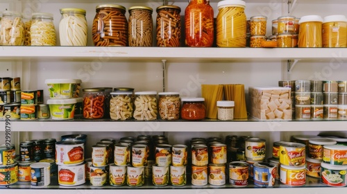 A pantry filled with a diverse array of food items, including jars, cans, and dry goods, organized neatly, showcasing preparedness and variety.