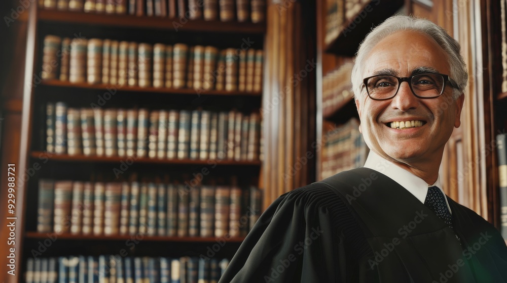 A joyful man in professional attire smiles confidently, standing in a grand library filled with rows of books. A joyful man in professional attire smiles confidently, standing in a grand library filled with rows of books.