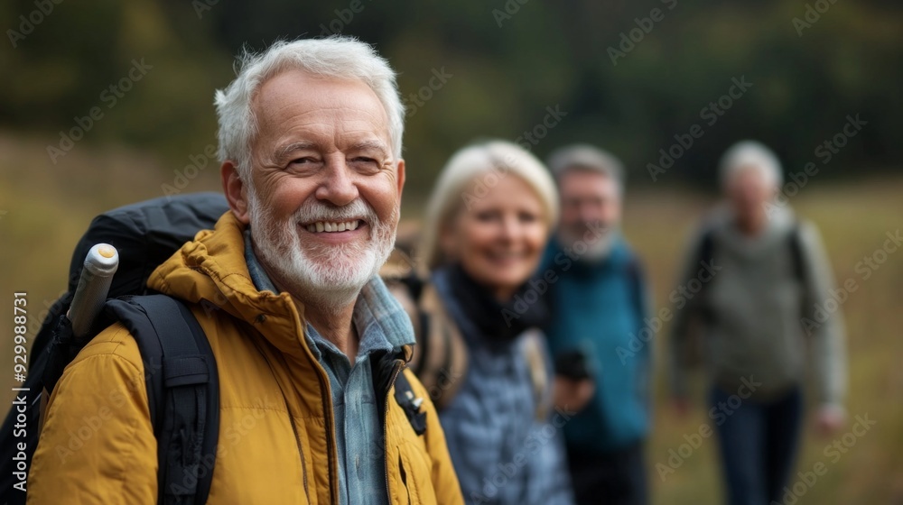 Seniors enjoying a group hike in a scenic outdoor location during autumn Seniors enjoying a group hike in a scenic outdoor location during autumn